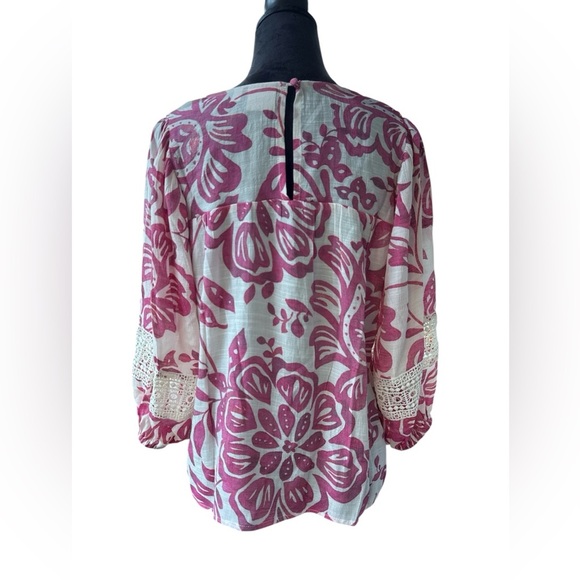 Zac & Rachel Boho Floral Lace Crochet Peasant Blouse Magenta Pink White Medium - Picture 4 of 8